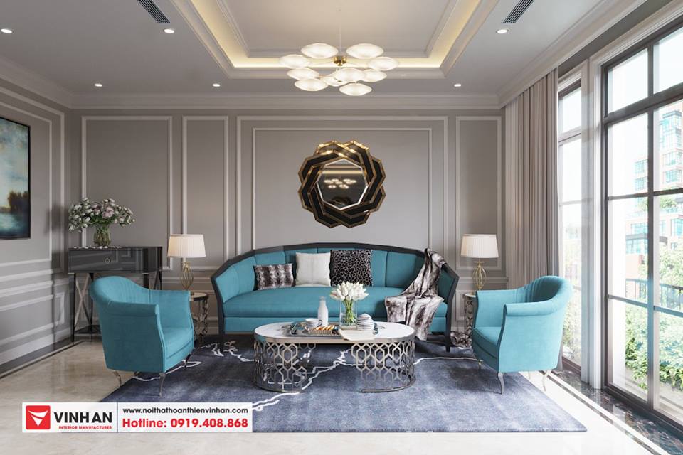 Phòng khách bề thế và sang trọng được thiết kế theo phong cách tân cổ điển